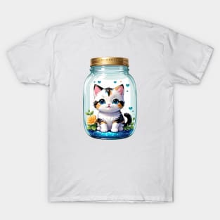 Cute Cat With Flowers Blooming In Mason Jar T-Shirt